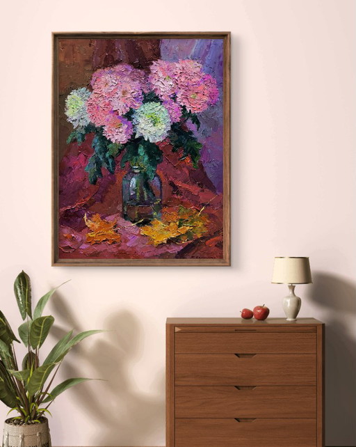 Original Oil Painting Autumn Floral Still Life Bouquet of Chrysanthemums – schilderijen tekeningen, Canvas (photo 2 of 7)
