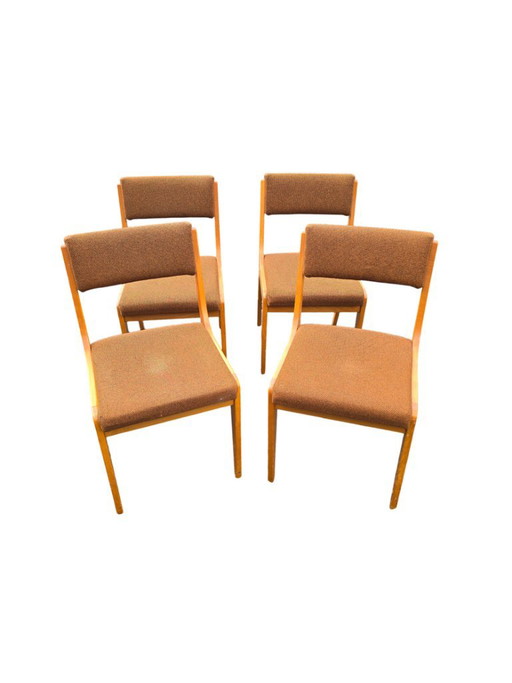 Suite de 4 Chaises Traîneau Vintage en Bois Blond et Tissu Brun – Années 60 – eetkamerstoelen, Textile, Wood (photo 2 of 5)