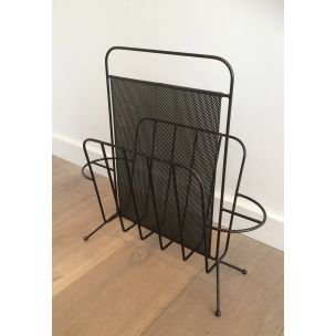 Vintage French black metal magazine rack, 1950