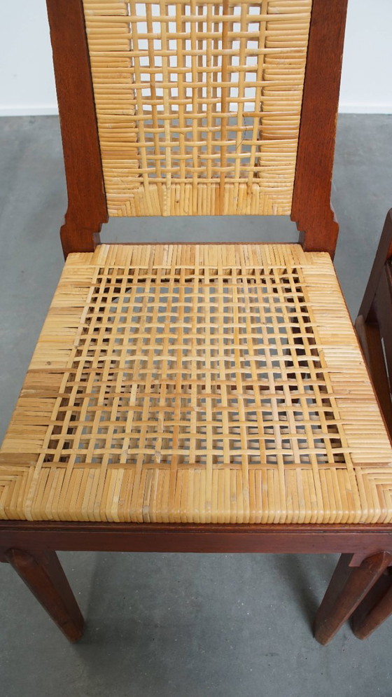 6x Vintage Art Deco design eetkamerstoel van riet en hout met een afneembare stoffen zitting (photo 7 of 17)