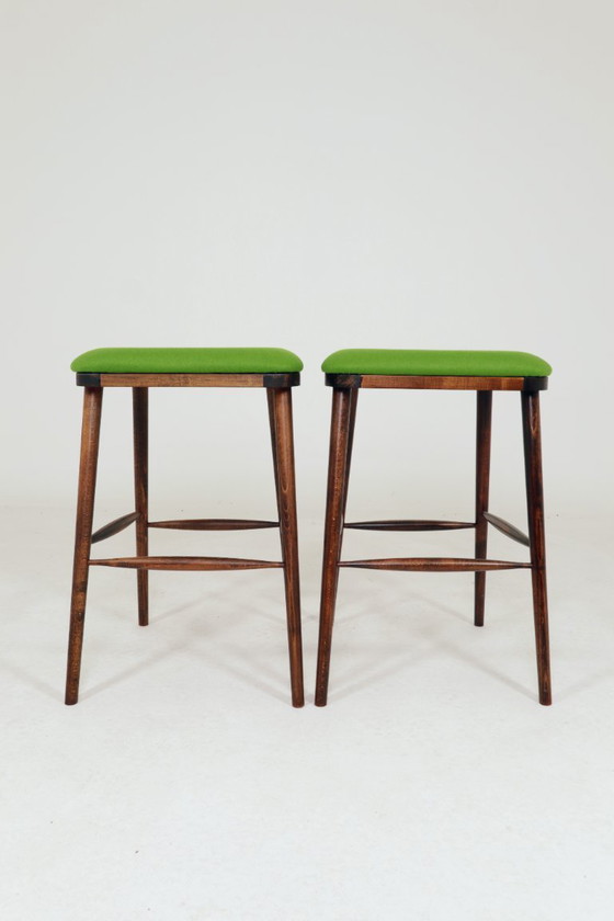 Image 1 of Beech Wood Bar Stools – Green Recycled Wool Upholstery, Rustic Mid-Century Style