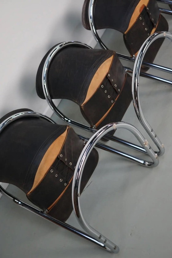 Image 1 of Set van vier bruine leren eetkamerstoelen, Willy Rizzo, jaren 1970