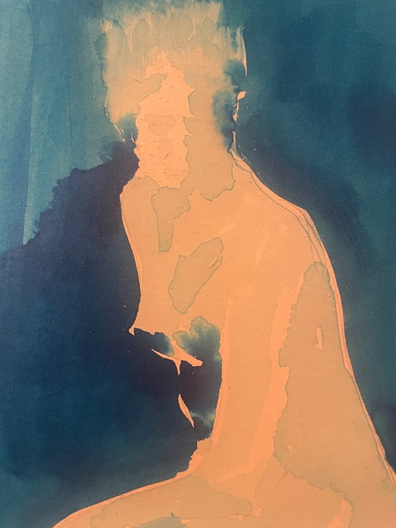 Image 1 of Monochroom blauw aquarel gesigneerd "blauwe dame" de pose