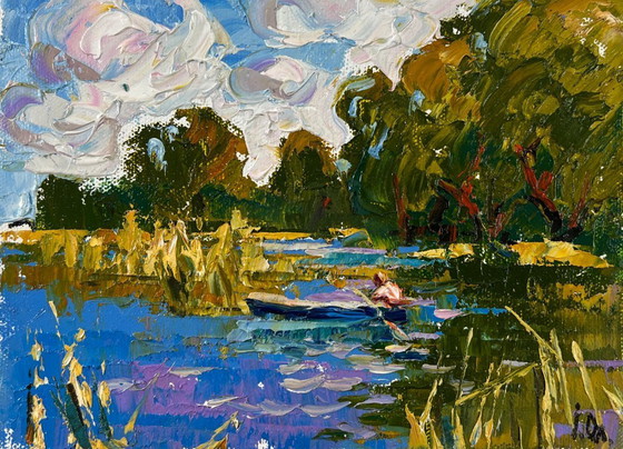 Image 1 of Original Oil Painting Summer Nature Landscape A boat ride along the river