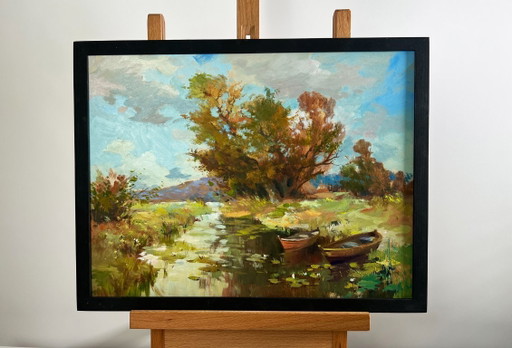 Original Oil Painting Autumn River Landscape A moment of silence by the river