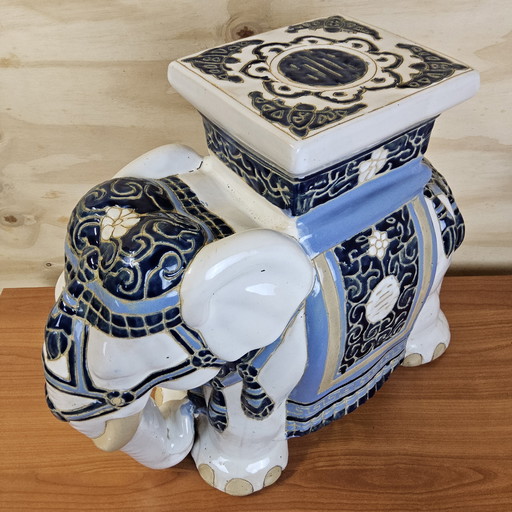 Vintage 70s XXL Chinese ceramic elephant plant table (Height: 42cm) stool Chinoiserie