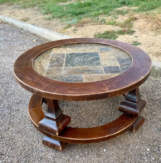 Image 1 of Round coffee table in stone and wood