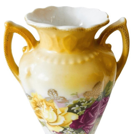 Vintage Art Nouveau Style Small Vase Yellow Pink Gold Flowers 1970s – Ceramic (photo 5 of 9)