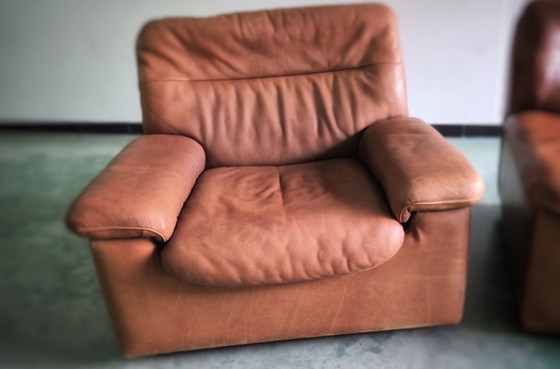 Image 1 of De Sede vintage lederen sofa (2-zit) én fauteuil (1-zit) Model DS66 cognac ontworpen door Carl Larsson
