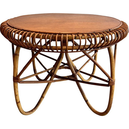 Tavolino da caffè rotondo vintage in rattan di Franco Albini, Italia 1950