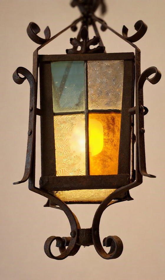 Lanterne/Suspension Art Déco française antique, vitrail. – Art Deco, Metal (photo 3 of 14)