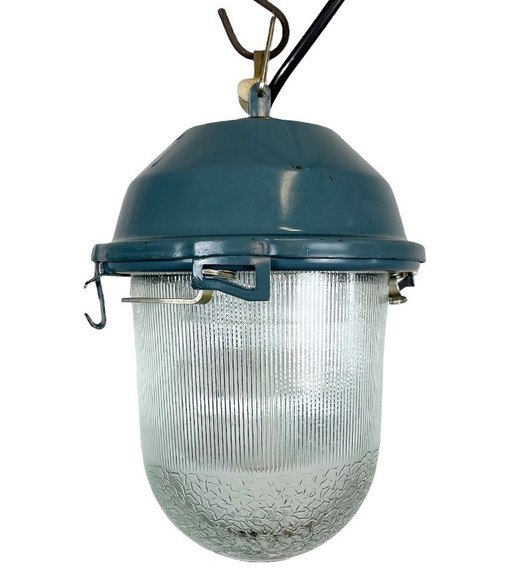 Blauwe industriële Sovjetbunker hanglamp, jaren 70