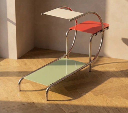 Bauhaus Tubular Steel Flower Stand by Emile Guyot for Thonet, Colored Glass Shelves, 1950s, Czechoslovakia, 79 × 30 × 105 cm