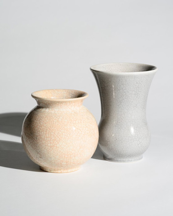 Image 1 of German Art Deco Crackle Glaze Ceramic Vase Duo Fürst Adolf Werkstätten Bückeburg