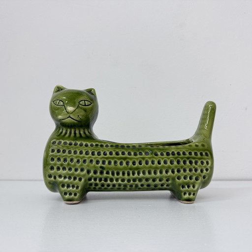Vintage Cat Flower Pot Green Ceramic, 1970 Retro