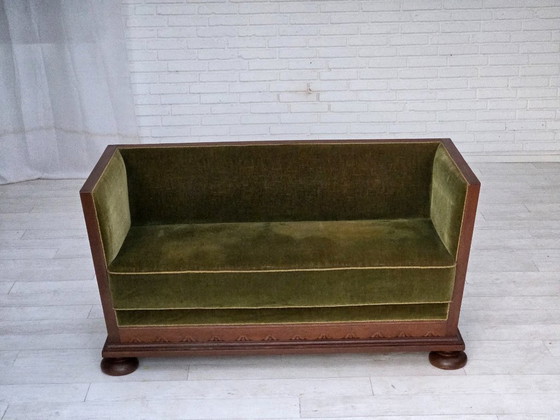 Image 1 of 1950s, Danish 2-seater sofa, original green furniture velour, oak wood.
