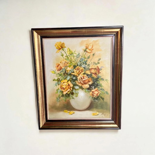 Óleo firmado de mediados de siglo con rosas amarillas. Una pintura de los años 50-60 en estilo clásico de casa de campo.