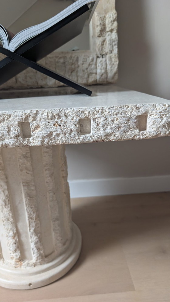 Vintage sculptural pillar table, brutalist stone look, 70 × 70 cm, Side tables, Creme (photo 5 of 6)