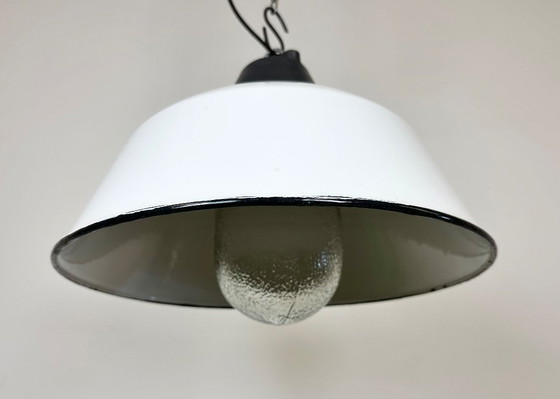 Image 1 of White Enamel and Cast Iron Industrial Pendant Light with Glass Cover, 1960s