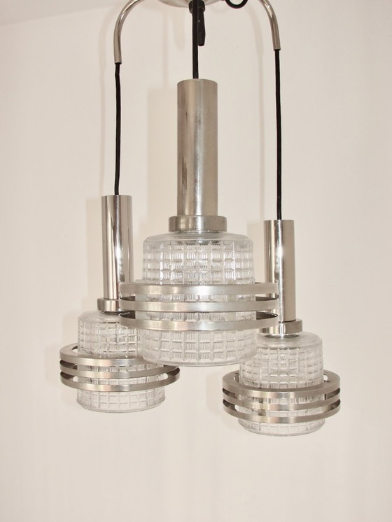Image 1 of Moderne hanglamp, jaren 70, metaal en glas, 3xE27