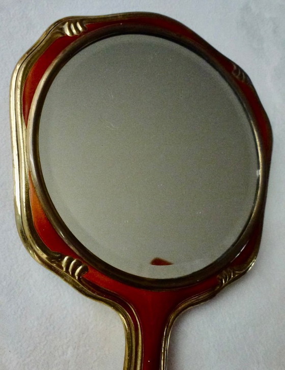 Image 1 of Vintage handspiegel, Facet geslepen, Duitsland, messing met celluloid.