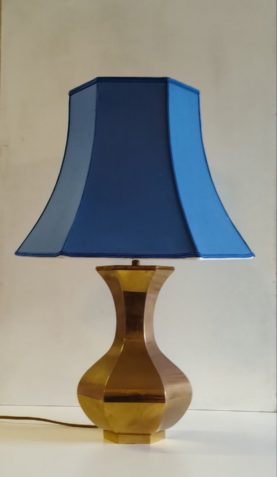 Lampada da tavolo di design anni '70 in ottone dorato e tessuto blu, Lampade da tavolo (foto 4 di 8)