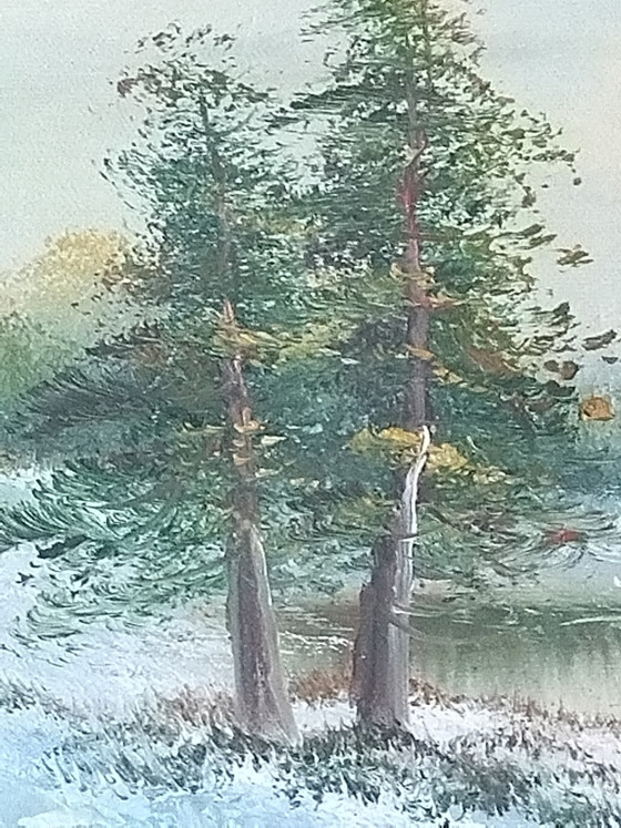 Image 1 of Dipinto vintage degli anni '70/'80, paesaggio invernale, olio su tela, cornice in legno.