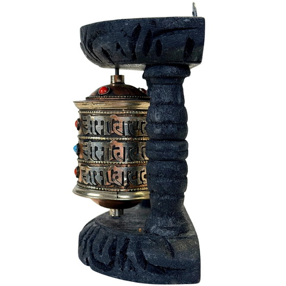 Vintage Tibetan Mani Prayer Wheel in Black Wooden Frame – circa 1980s – Sculpture, Metal (photo 7 of 9)