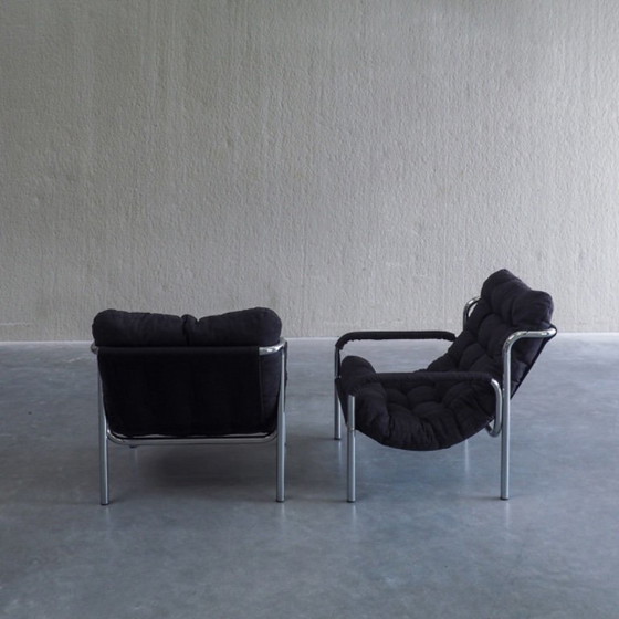Coppia di Poltrone Tubolari Mid-Century Modern, Tessile, Nero (foto 10 di 12)