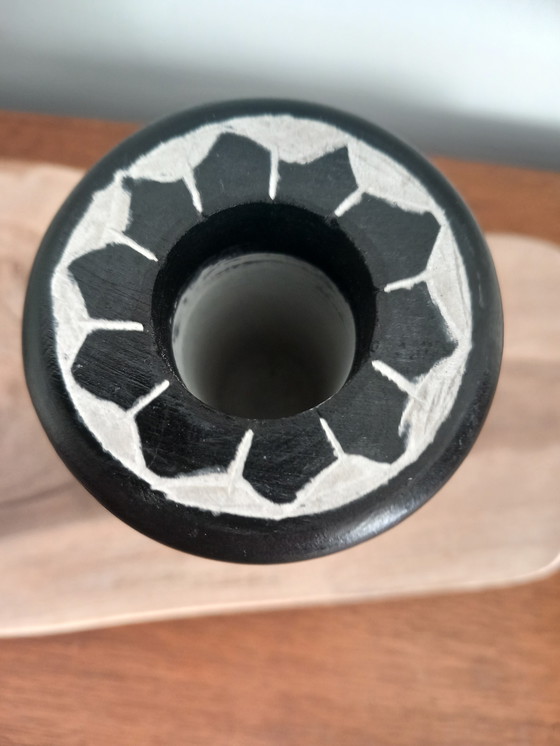 Image 1 of Handcrafted Egyptian Vase in Black Basalt, Hand-Carved - Deities Isis & Horus - 16 cm