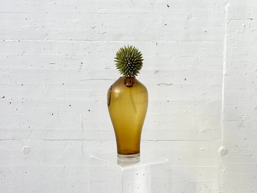 Vintage glass vase in honey yellow with applied decorative elements, 1990s
