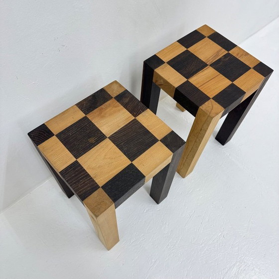 Image 1 of Set of 2 vintage wooden side tables, brown and light wood