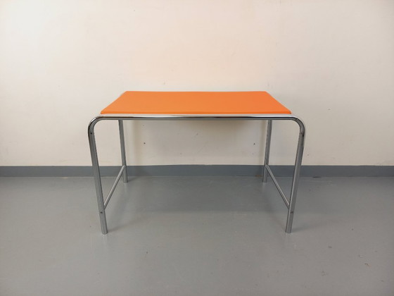 Image 1 of Vintage desk in orange imitation leather and chrome from the 1970s