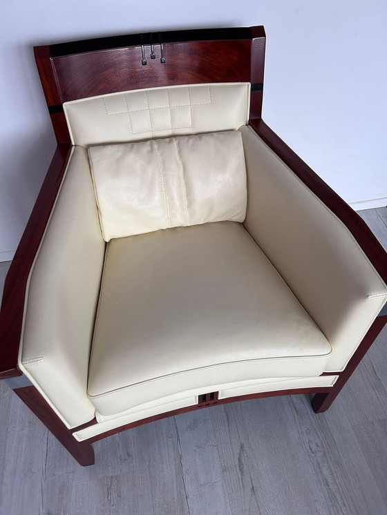 Image 1 of 2x Luxury Art Deco Schuitema design armchair Charles with cream leather from the Decoforma series with decorative stitching