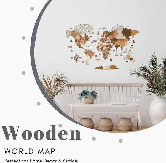 Image 1 of Carte du monde en bois 3D Art Large Wall Decor - Taille (M, L, XL) Idée de cadeau pour toute occasion - Art mural pour la maison