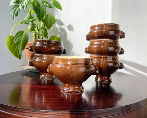6 Cuencos de Sopa de Cebolla Vintage de Cerámica Emile Henry Cabeza de León - Marrón, Hecho en Francia