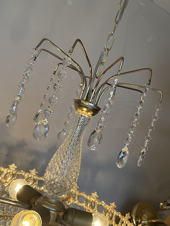 Image 1 of Vintage Crystal Chandelier Pendant Lamp Bronze Gold Frame