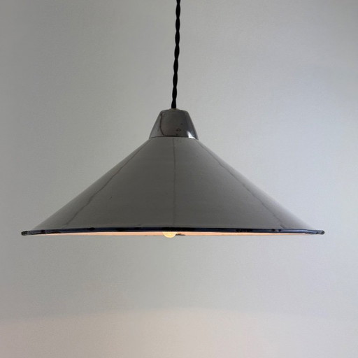 PAIR OF INDUSTRIAL CONICAL ENAMELED PENDANTS