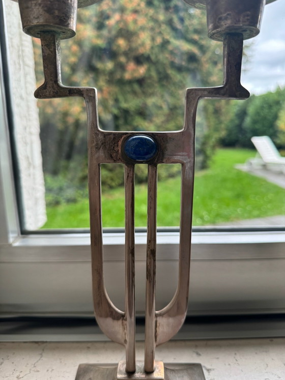 Pair of Art Deco Style Candle holders by Gunther Lambert, Silver-plated with Lapis Lazuli (Set of 2) (photo 3 of 7)