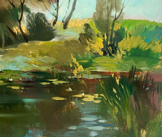 Image 1 of Original Oil Painting Summer Coastal Landscape There is a lake behind the village