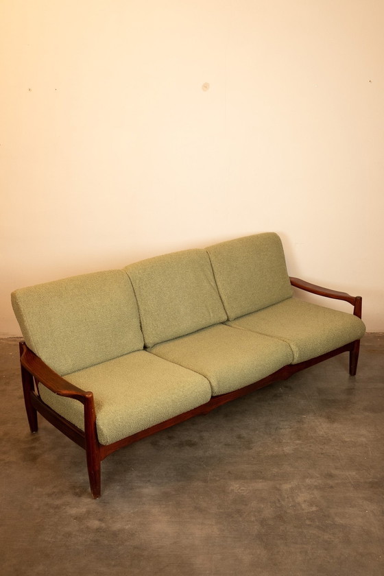 Image 1 of Vintage Deense teakhouten 3-zitsbank met nieuwe mosgroene bouclé bekleding