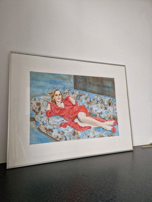 Femme allongée en robe aquarelle portrait sensuel 91 x 71