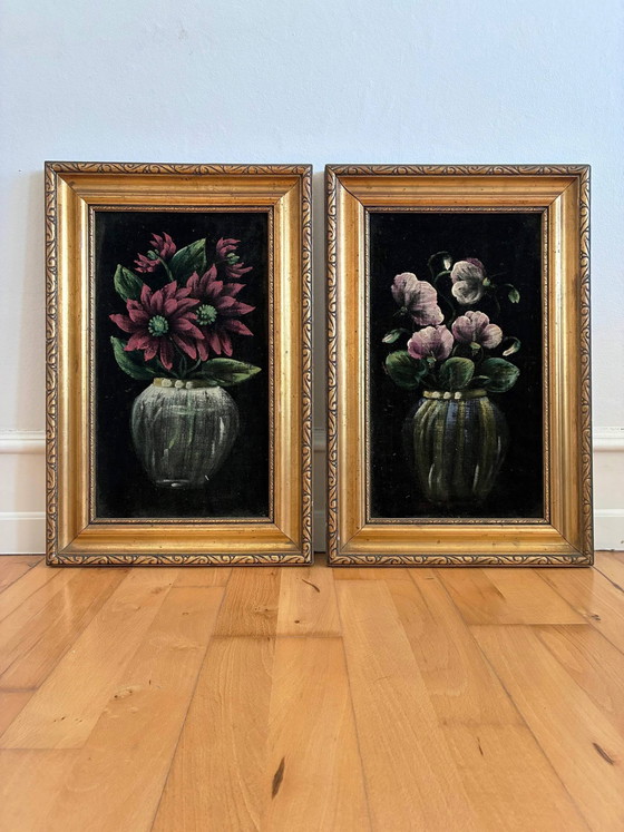 Image 1 of Set vintage original velvet flower oil painting, pair of flower still life art
