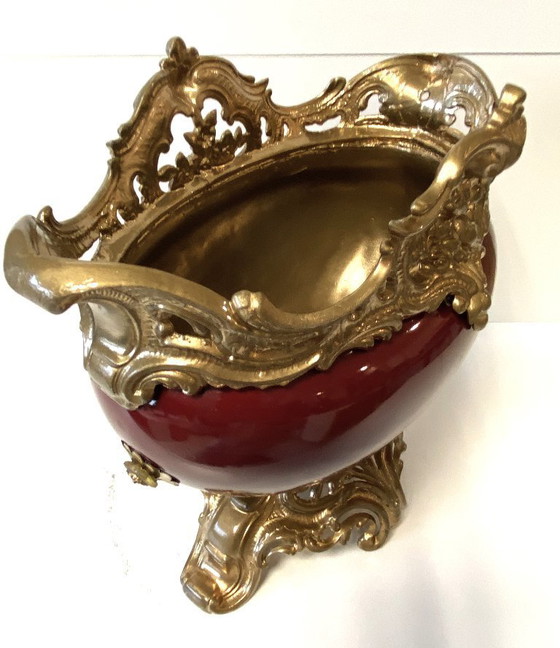 Image 1 of Antieke Napoleon III faience vergulde metalen plantenbak/tafelstuk