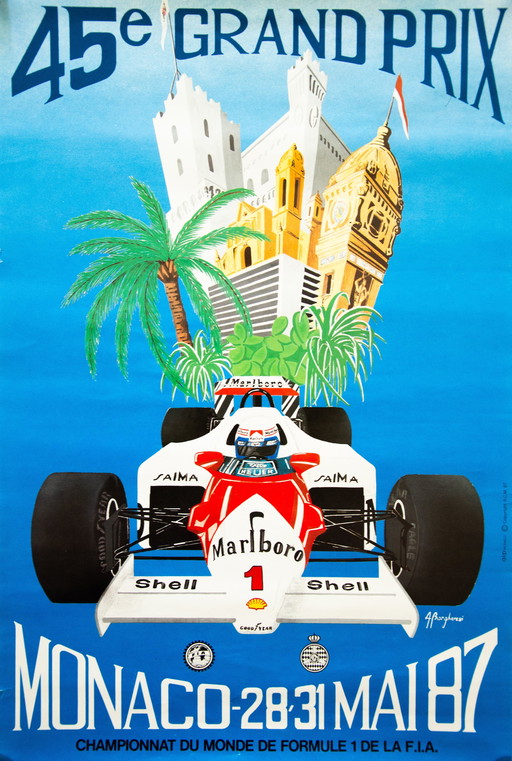 Original Vintage Poster F1 Monaco 45e Grand Prix 1987 / A. Borghersi / Very Rare / 60x40cm