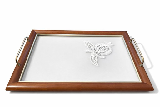 Tablett aus Holz und Glas mit Messinggriffen