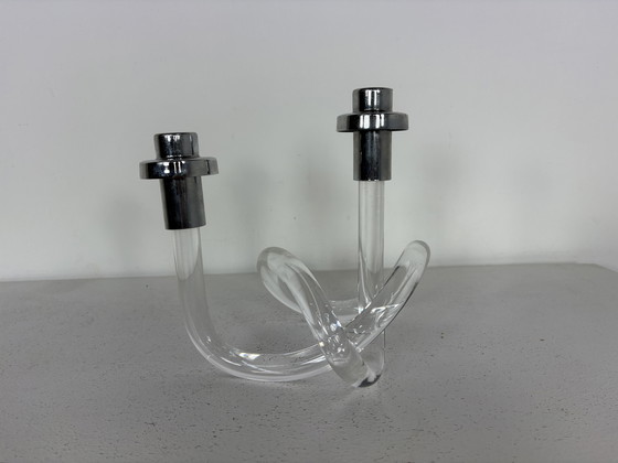 Image 1 of LUCITE CHROME TWISTED PRETZEL CANDLE HOLDER BY ELAINE BSCHEIDER FOR DOROTHY THORPE INC
