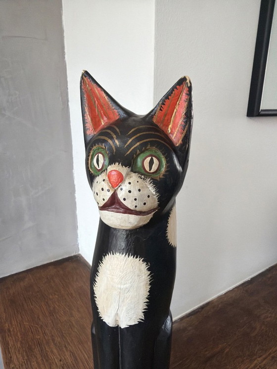 Image 1 of Vintage houten kat zwart wit 41cm
