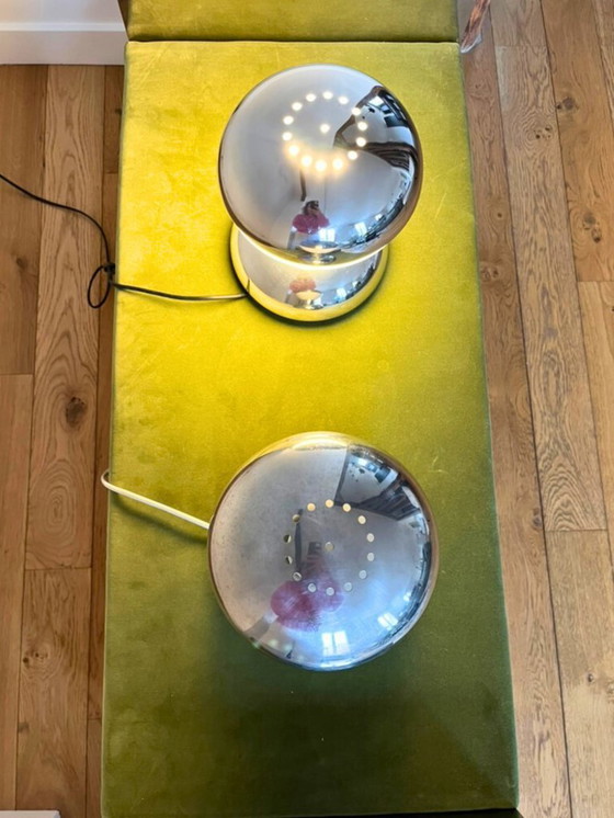 Image 1 of Paar Diabolo-Tischlampen von Goffredo Reggiani – Italienisches Chrom & Opalglas, 1970er Jahre