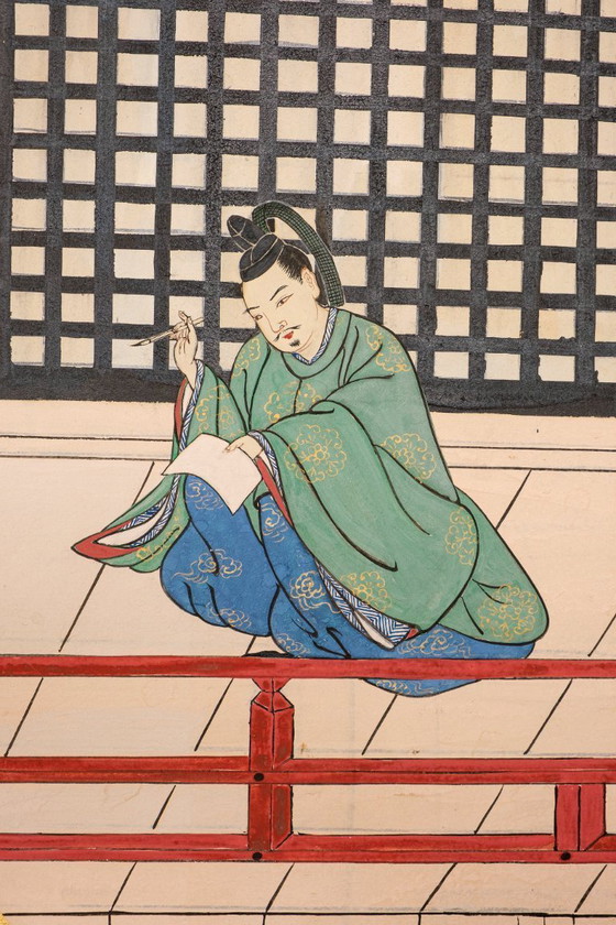 Image 1 of Antico paravento giapponese a sei pannelli con raffigurazione della storia di Genji.